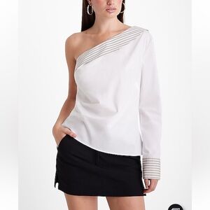 NWT Express XL Poplin Stripe Collar One Shoulder Draped Asymmetrical Top